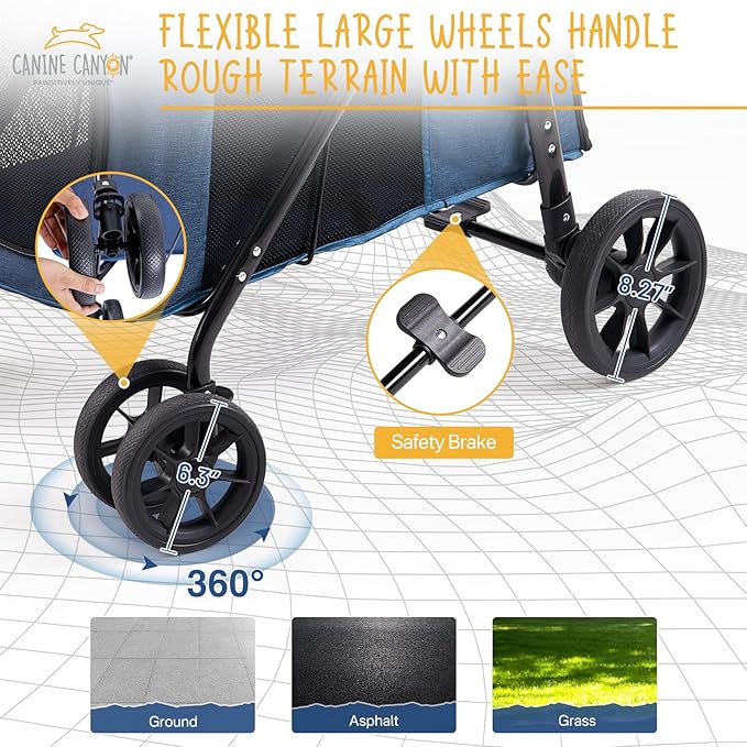 Upgraded 4 Wheels Pet Stroller for Small/Medium Dogs- One Button Fold, Adjustable Mesh Windows and Shades, 360° Swivel Front Wheels and Rear Wheel Brake