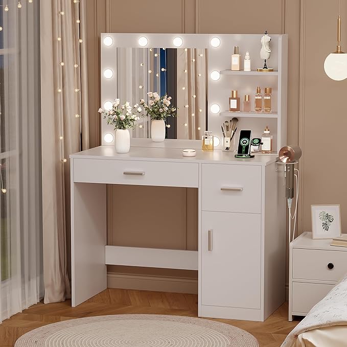 YESHOMY Vanity Desk with Mirror, 10 Lights, Power Outlet and 3 Storage Shelves, Makeup Table with 2 Drawers & 1 Cabinet, 3 Color Modes, for Bedroom, White