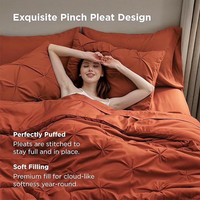 Bedsure Queen Comforter Set Burnt Orange - Bed in a Bag Queen Size Bedding 7 Pieces, GentleSoft™ Pintuck Bed Set Gift for Family, Pinch Pleat Burnt Orange Comforter with Sheets, Pillowcases & Shams