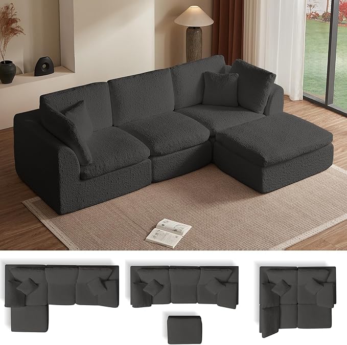Cilee 110" Modular Sectional Sofa, Cloud Couch with Deep Seat, L-Shape Boneless Sofa, 3 Seat Memory Foam Sofa, No Assembly Required, Upholstered Couch for Living Room, Movable Ottoman, Chenille, Gray