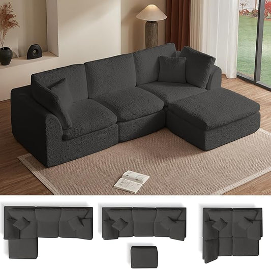 Cilee 110" Modular Sectional Sofa, Cloud Couch with Deep Seat, L-Shape Boneless Sofa, 3 Seat Memory Foam Sofa, No Assembly Required, Upholstered Couch for Living Room, Movable Ottoman, Chenille, Gray