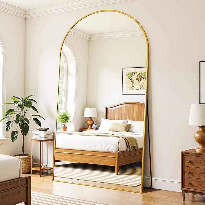 Full Length Mirror, 81"x41" Oversized Floor Mirror Freestanding, Full Body Mirror Floor Standing Mirrors with Stand, Hanging Mounted Mirrors for Bedroom Living Room, Gold, Arched Style