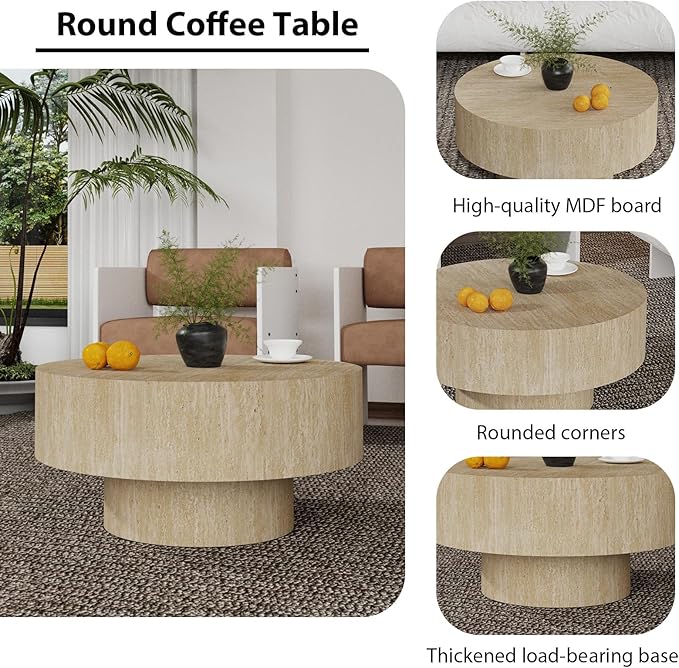 Round Coffee Table, Handcrafted Fluted Drum Coffee Tables Modern Wood Coffee Table Circle Drum Center Table for Living Room, Apartment (Travertine Round)