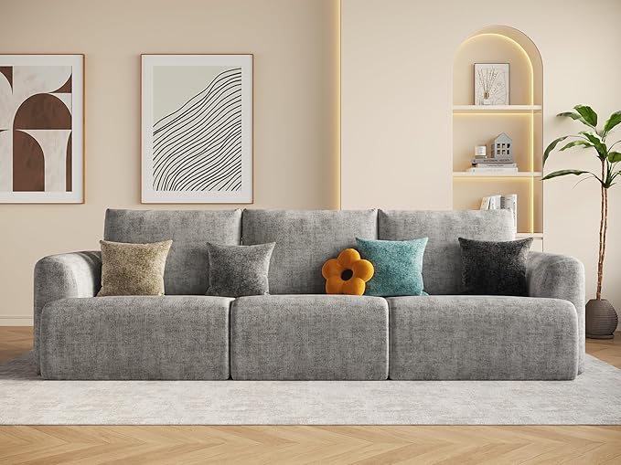EASE MOOSE Boneless Couch for Living Room, Sectional Cloud Sofa, Modular Cloud Couch, 3-Seater Deep Seat Sofas with Pillow for Bedroom, Apartment, No Assembly Required, Chenille (Light Grey)
