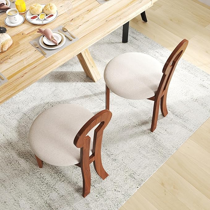 Wooden Dining Chairs Set of 2 Upholstered Kitchen & Dining Room Sherpa Chairs, Mid Century Modern Dining Chairs White with Walnut Legs