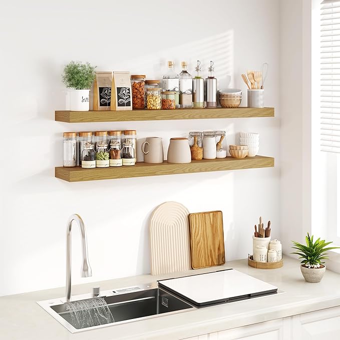 Fun Memories Floating Shelves for Wall, 48Inch Floating Shelves Set of 2, Hanging Shelf with Invisible Brackets, Wood Shelves for Living Room, Bedroom, Kitchen, Oak