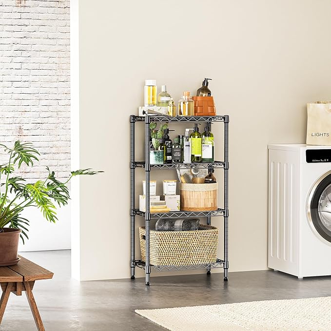 IZEUK 4 Tier Steel Storage Shelves, Heavy Duty Metal Shelf Wire Shelving Rack for Pantry, Kitchen, Living Room, or Office Organization (11.8" D x 21.7" W x 39.5" H, 1000LBS, Black)