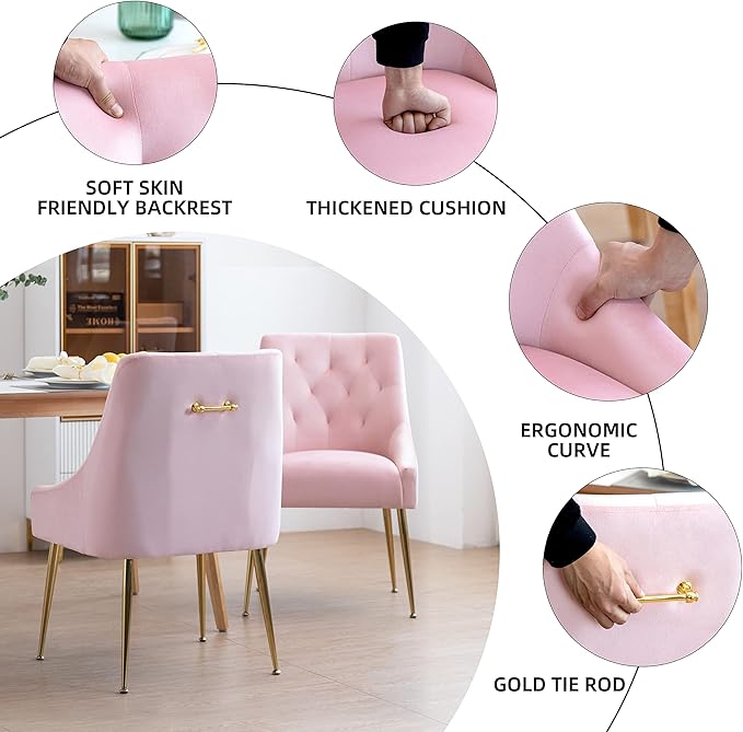 Modern Dining Chairs Set of 2, Mid Century Dining Chairs with 5.12” Cushions and Golden Legs, Velvet Upholstered with Back Pull Rod, for Kitchen, Living Room (Pink)