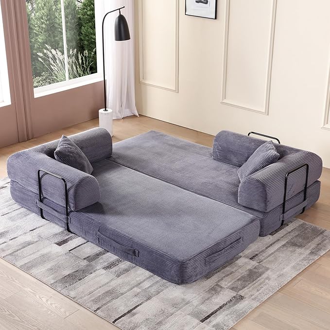 Antetek Convertible Futon Sofa Bed, 3-Seater Modern Corduroy Foam Floor King Size Bed Fold Out Sleeper Lounge Loveseat Sofa Couch with 2 Throw Pillows for Living Room Bedroom Guest Room, Light Grey