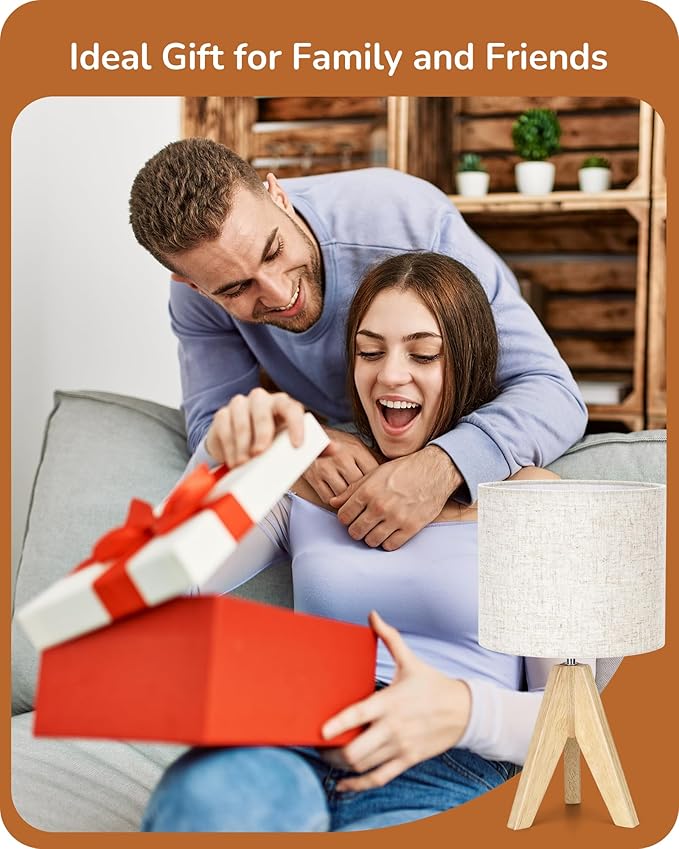 EDISHINE Small Table Lamp, Boho Bedside Lamp with Linen Fabric Shade, Wood Tripod Nightstand Lamp for Nursery, Living Room, Bedroom, Narrow End Table, UL Listed, 14.2 Inch, ON/Off Switch