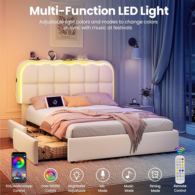 Full Size Bed Frame with 4 Storage Drawers and LED, Adjustable Clouds Headborad, Velvet Upholstered Platform Full Bed Frame with Charing Station, Wood Slats Support, No Box Spring Needed,White
