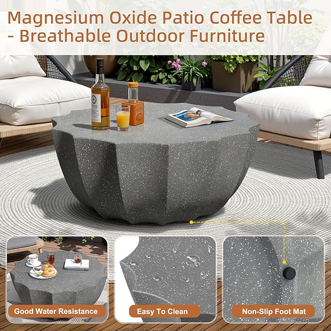 35" Outdoor Round Coffee Table Modern Stylish Design Waterproof & Moisture-Proof No Assembly Required Outdoor Coffee Table for Patio, Garden, Backyards - US Warehouse (Grey)