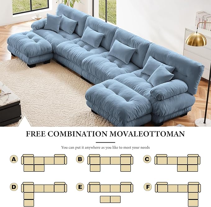 173.2" Oversized Couch, 4 Seater Modular Sectional Sofa, Blue Large U Shaped Sectional Couches for Living Room, Fluffy Chenille Fabric Cloud Couch with Ottoman, Deep Seat Sofas