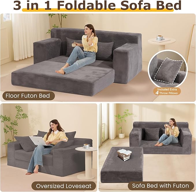 Convertible Sofa Bed, 3 in 1 Loveseat Folding Couch Bed Foldable - Boneless Couch & Floor Futon Sleeper, Corduroy Pull Out Sofa Bed with 4 Pillows for Living Room, Grey