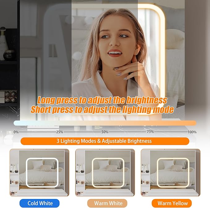 Vanity Desk With Sliding Mirror and LED Light, Makeup Vanity Set With Power Outlet, 3 Color Adjustable Light, Dressing Table With 4 Drawers, Storage Shelve & Stool for Bedroom, Marble-Black & White