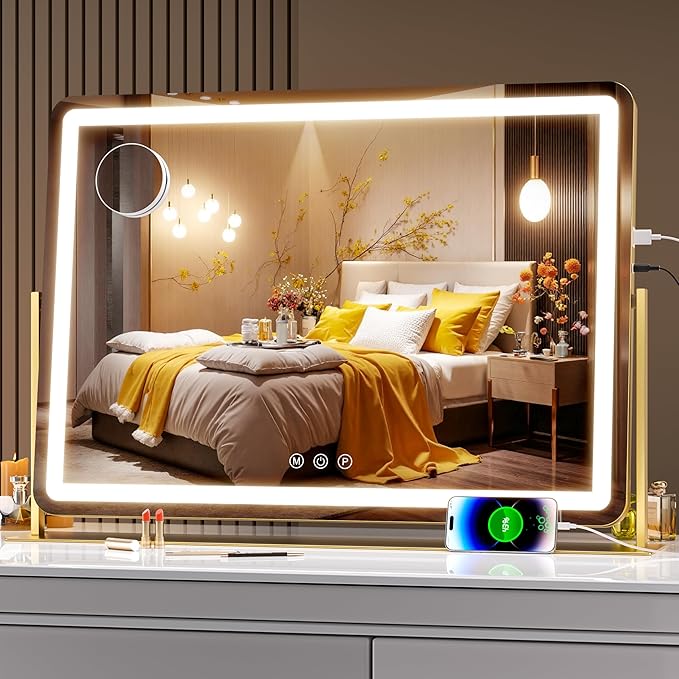Hasipu Vanity Mirror with Lights, 30" x 21" LED Makeup Mirror, Light up Mirror with 5X Magnification and Phone Holder, USB Charging Port, Smart Touch 3 Colors Dimmable, 360° Rotation (Gold)