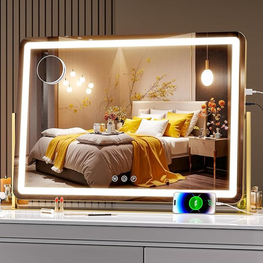 Hasipu Vanity Mirror with Lights, 30" x 21" LED Makeup Mirror, Light up Mirror with 5X Magnification and Phone Holder, USB Charging Port, Smart Touch 3 Colors Dimmable, 360° Rotation (Gold)