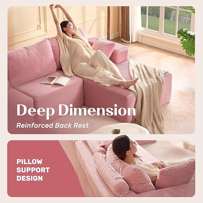 107" Boneless Couch with Deep Seat, Modular Sectional Sofa, Cloud Sectional Couch for Living Room, No Assembly Required, Corduroy, U-Shape 3 Seater Right, Pink