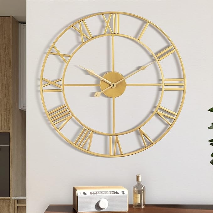 1st owned Large Wall Clock, Metal Retro Roman Numeral Clock, Modern Round Wall Clocks Almost Silent, Easy to Read for Living Room/Home/Kitchen/Bedroom/Office/School Decor (Gold, 16 Inch)