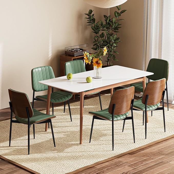 Modern Green Leather Dining Chair Set of 6, Bentwood Backrest & Black Metal Frame Ergonomic Comfort, Sustainable Style, Multi-Space Versatile, Green