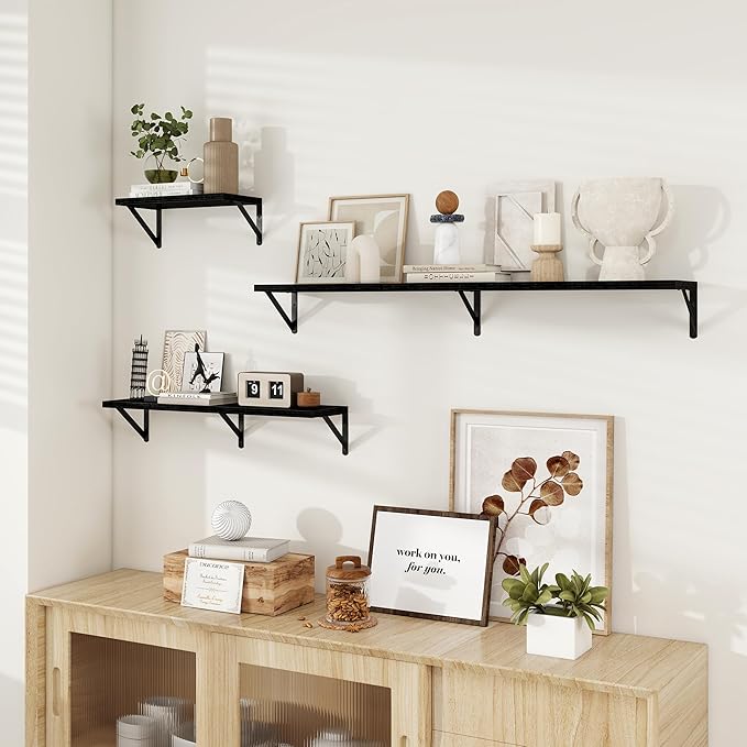 Dreamland Wall Shelves Long, 24W x 8D Wall Mounted Shelves Set of 2, Wide Display Ledge Shelf with Sturdy Metal Brackets for Living Room, Bathroom, Bedroom and Kitchen, Black