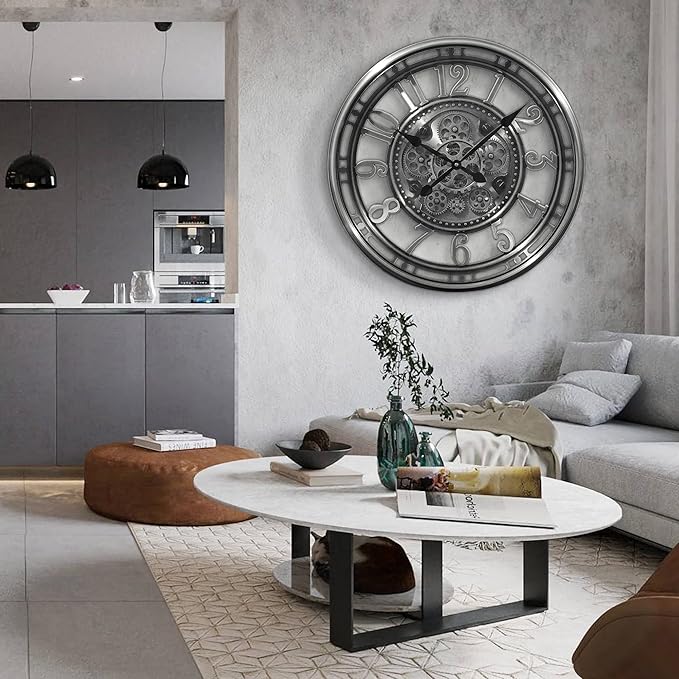 INFINITY TIME 21 Inch Moving Gear Wall Clock Modern, Large Vintage Industrial Steampunk Wall Clocks for Living Room Decor,Gunmetal Arabic Numeral
