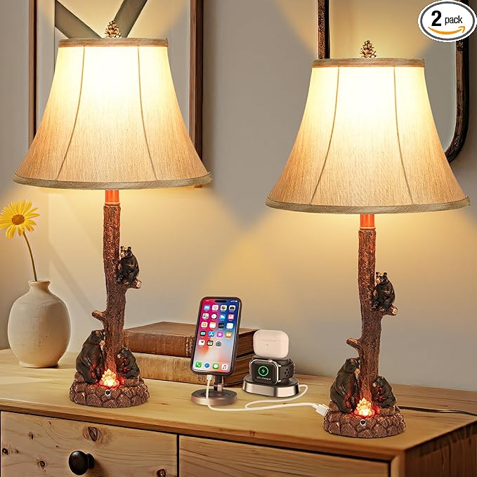 Classic Rustic Table Lamp with Three Black Bears Around Fire Pit - 25.59 Height, 3-Level Dimmable Campfire Light, USB/Type-C Powered, E26 Socket for Bedroom Living Room Decor