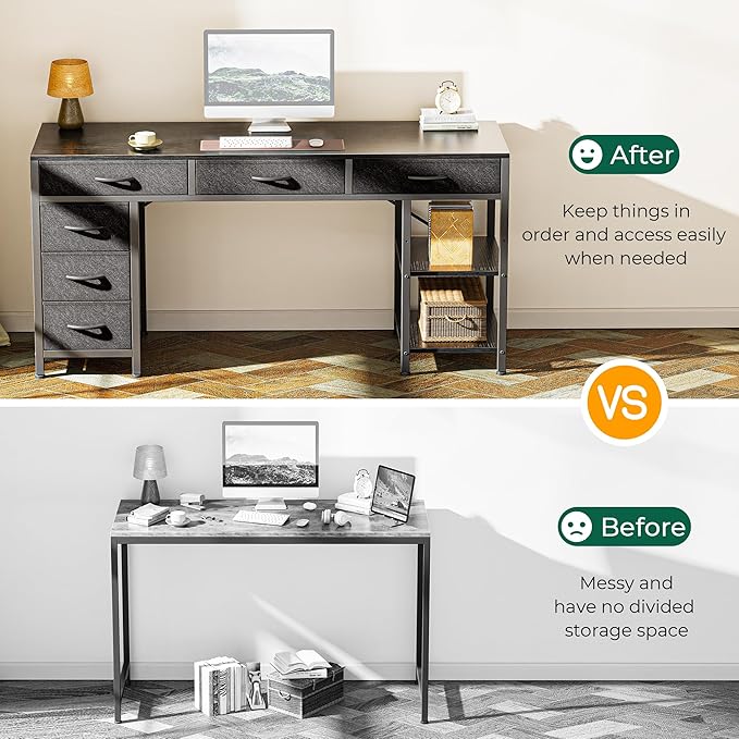 Huuger Computer Desk with 6 Drawers, 54 Inch Office Desk with Shelves, Reversible Gaming Desk, Corner Desk with Storage, Work for Home Office, Study, Living Room, Black