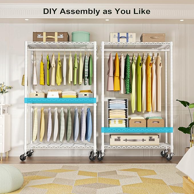 FUTASSI P3 Rolling Clothes Rack, Clothing Racks for Hanging Clothes, Heavy Duty Garment Rack with Wheels, Freestanding Portable Closet Organizer 39.4''W x 14''D x 78.5''H, Max Load 464 LBS, White