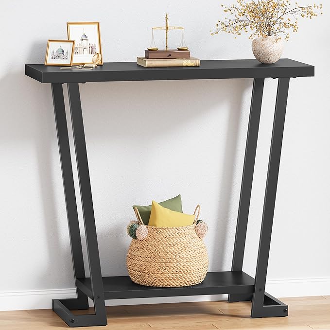 Tajsoon Console Table 31.5" Rustic, 2 Tier Industrial Entryway Table with Storage Shelf, Narrow Sofa Table with Geometric Frame, Small Hallway Table for Living Room, Foyer, Entrace, Black