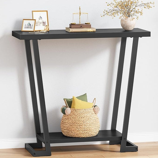 Tajsoon Console Table 31.5" Rustic, 2 Tier Industrial Entryway Table with Storage Shelf, Narrow Sofa Table with Geometric Frame, Small Hallway Table for Living Room, Foyer, Entrace, Black