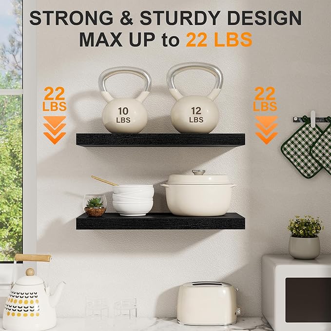 Black Floating Shelves 22.5 Inch Long, 8 Inch Deep Floating Shelf Wall Mounted, Rustic Wood Bathroom Shelves for Storage, 22.5x8 Deep Shelf Set of 2 with Invisible Brackets for Books|Storage|Decor