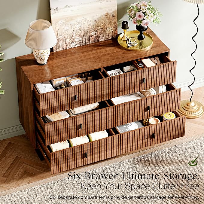 Modern Chest of Drawers with 6 Drawers,Deep Drawers,Clothes Organizer,Large Storage Cabinet for Living Room, Bedroom,Hallway,with Anti-Tipping Device,Brown