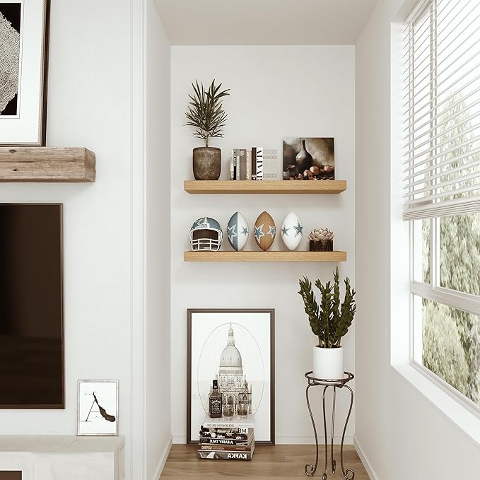 Vivelove Oak Floating Shelves 24 inchs Long, 9.1” Deep Bathroom Shelves Wall Mounted for Bedroom, Living Room, Kitchen, Office, Rustic Home Decor, Wall Shelves with Invisible Brackets, Set of 2