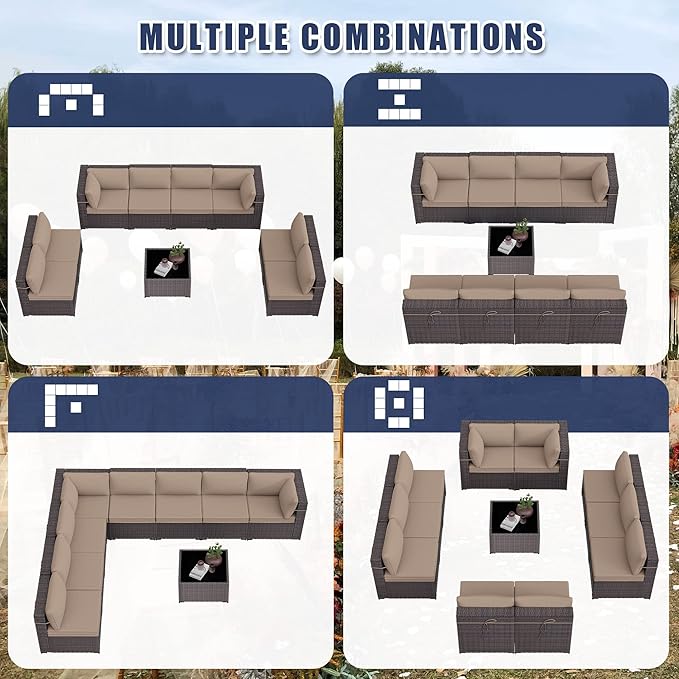 Kurapika 9 Pieces Patio Furniture Set, Rattan Wicker Outdoor Conversation Sets w/4 Inch Cushion and Glass Coffee Table(Sand)
