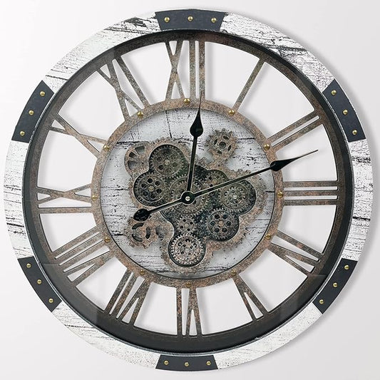 DORBOKER 24" Large Wall Clock with Moving Gears,Oversize Vintage Industrial Rustic Farmhouse Clocks for Living Room Decor Office Home,Solid Wood HD Tempered Glass Cover,White Grey