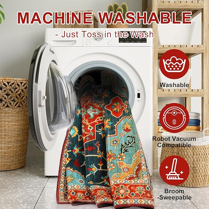 WILLSUN Washable Area Rugs, 2x3 Non-Slip Boho Small Area Rugs for Entryway, Kitchen, Bathroom, Machine Washable Vintage Rug, Indoor Floral Print Carpet for Home Decor, Kid & Pet Friendly Mat