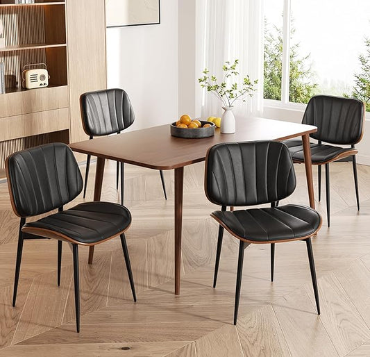 Dining Chairs Set of 4, Mid Century Modern Dining Room Chair, Upholstered Faux Leather Kitchen Chairs with Walnut Bentwood Back and Metal Legs for Kitchen Dining Room Living Room, Black