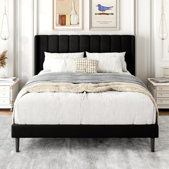 Full Size Bed Frame with Upholstered Wingback Headboard, Easy Assemnly Platform Bed, Wooden Slat Support No Box Spring Needed, Black