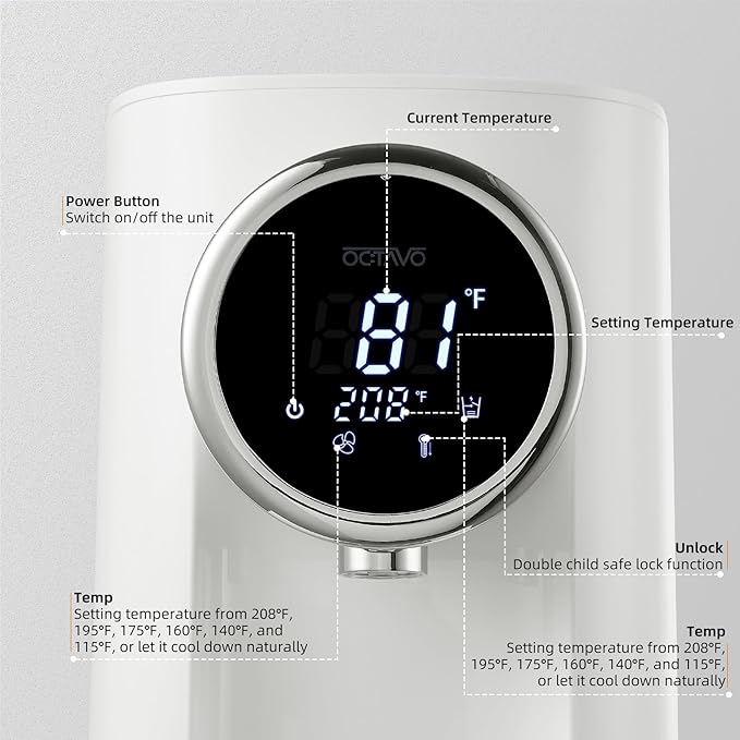 OCTAVO Water Boiler & Warmer 5 Liter, 304 Stainless Steel Water Tank, 700 Watt 6 Adjustable Water Temperature, LCD Touch Control Screen, Child Lock with Water Shortage Indicator