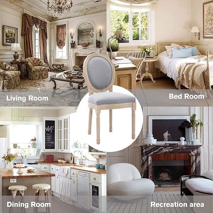 Nrizc French Dining Chairs Set of 6, French Country Dining Chairs, Vintage Farmhouse Dining Chair with Round Back, Solid Wood Beige Fabric Dining Room Chairs, for Kitchen, Bedroom, Dining Room