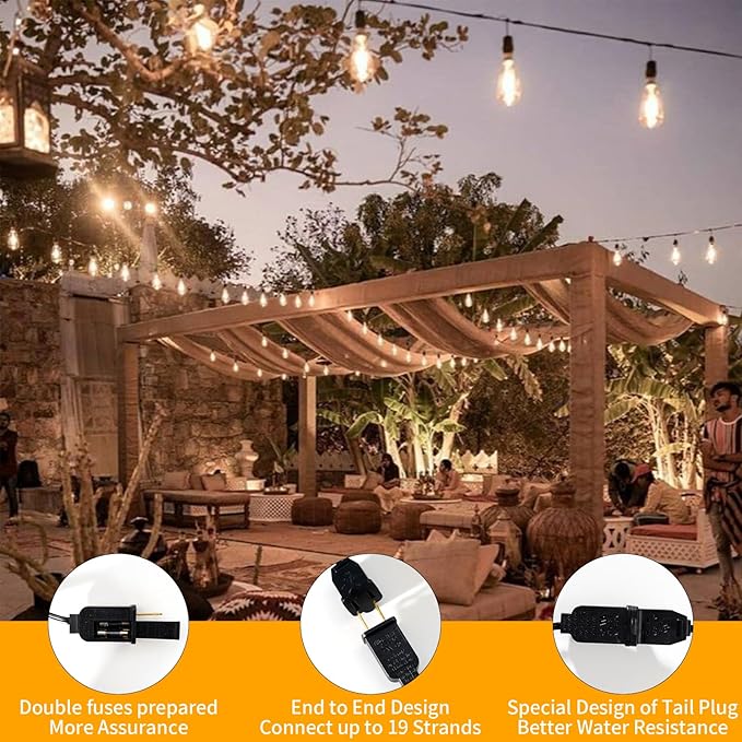 30FT LED Outdoor String Lights Waterproof, 2200K ST38 LED Globe Outdoor Lights for Patio with 16 Edison Vintage Shatterproof Bulbs, Connectable Backyard Lights for Garden, Bistro, Porch, Cafe