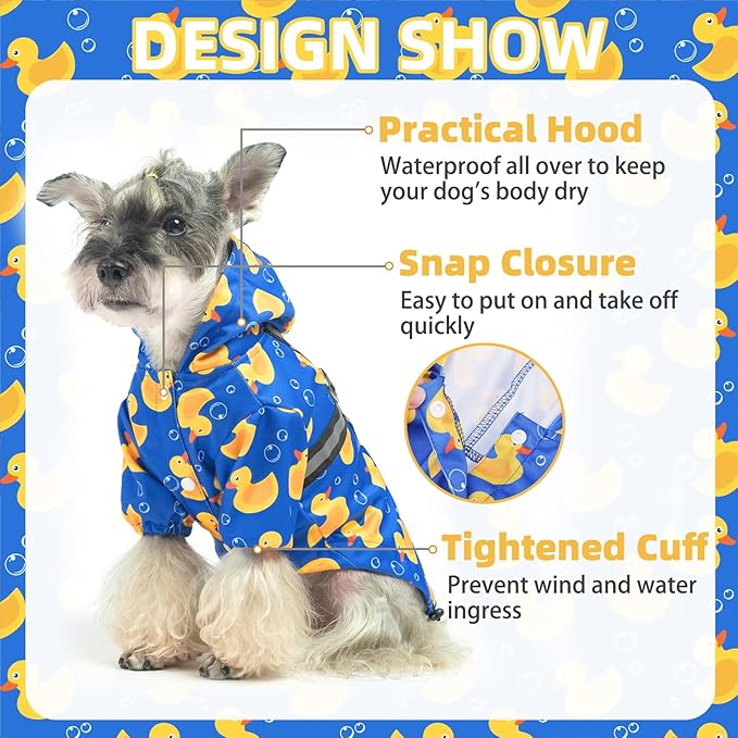PUPTECK Dog Raincoat with Hood & Harness Built-in, Waterproof Dog Rain Jacket Slicker Poncho Reflective Vest Clothes for Rainy Snowy Winter Cold Days, Blue Duck L