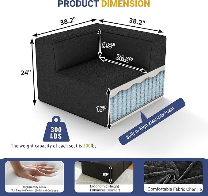 38“ Modular Sectional Sofa Convertible Cube Couch Seat Set, Combine L-Shaped U-Shaped, Free Assembly, Space-Saving for Living Room, Thick Foam Fabric Chenille Dark Grey (Only Corner)