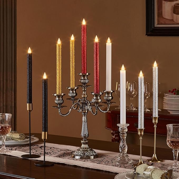 Flameless Taper Candles Flickering with Remote and Timer, 3D Moving Flame Taper Candle Battery Operated to 400 Hours, 9 Inch Window Candles, (Glitter Black)