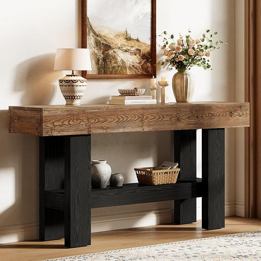 Solid Wood Black Console Table for Entryway, 63-Inch Long Narrow Sofa Table Behind Couch with Storage Shelf for Living Room, Hallway, Foyer, Entrance, Rustic Brown + Black