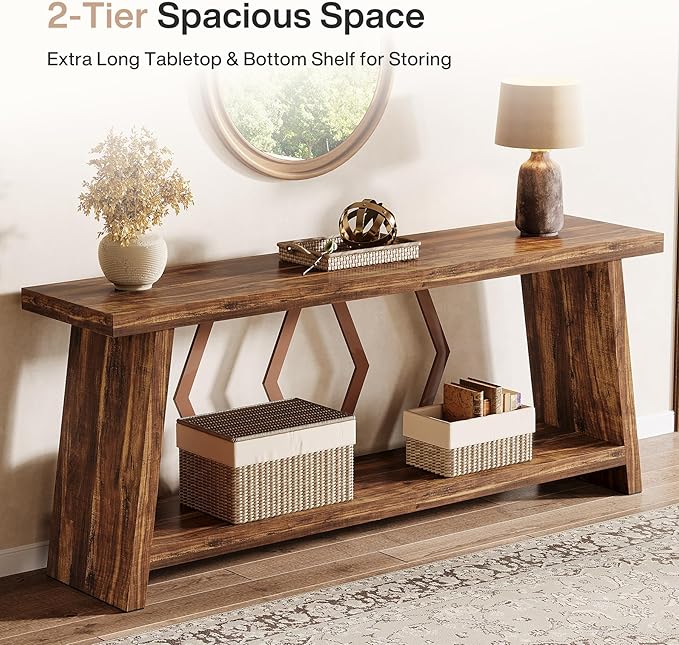 Tribesigns 70.86-Inch Extra Long Console Table for Living Room, 2-Tier Sofa Table Behind Couch with Storage, Wooden Console for Entryway Hallway, Brown