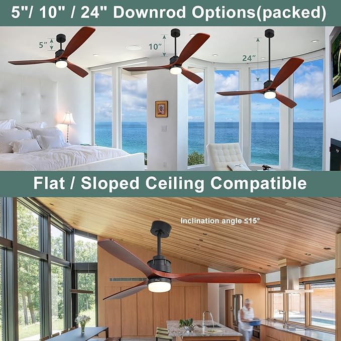 Sofucor 60 inch Ceiling Fan with Lights and Remote, Modern Large LED Ceiling Fan with 3 Walnut Blades and 3 Black Downrods, for Indoor Living Room Bedroom Outdoor Patio Porch, Reversible DC Motor