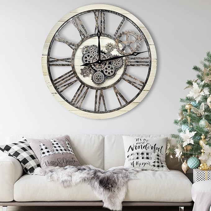 The B-Style Large Real Moving Gears Wall Clock 30 inch Rustic Retro Industrial Farmhouse Wood Clock Oversized Decorative Vintage Wall Clocks for Living Room (Desert Beige and Bronze)