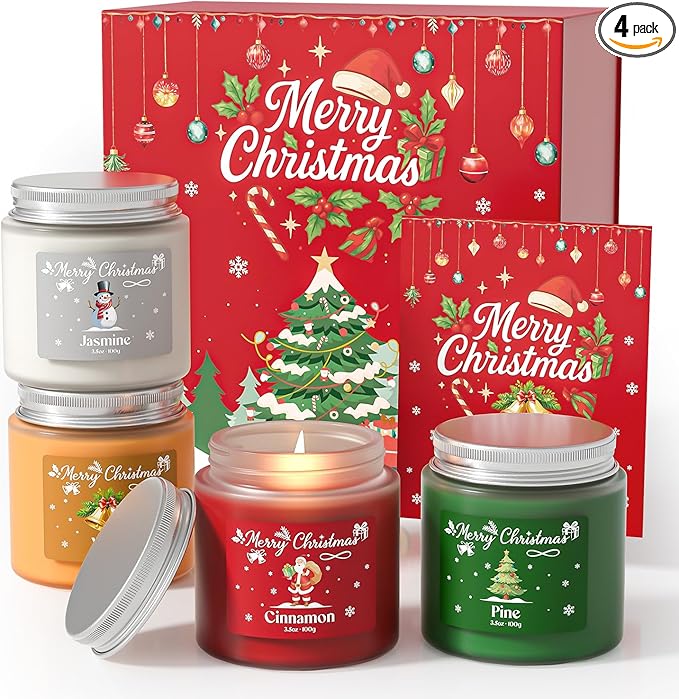 NORVENCE Christmas Candles, Scented Candle Gift Set of 4, Holiday Candles for Women and Men, Perfect Christmas Gifts for Women (Cinnamon, Pine, Vanilla, Jasmine, 14.4 oz)